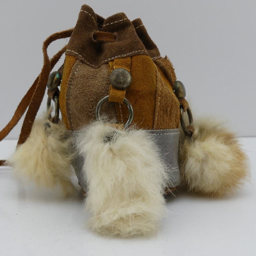 Vintage Rare 1960s 70s Handmade Leather Pouch Bag Boho Fur Trim Drawstring Purse - Picture 3 of 7